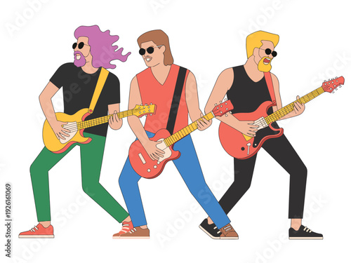 Three cartoon musicians playing electric guitars with vibrant hairstyles and clothing.
