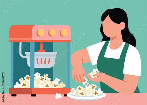 Vector Cartoon of a Female Taking Popcorn From the Machine Illustration Creative Design Template 