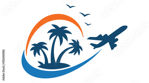 Vacation travel logo featuring palm trees, an airplane, and a stylish orbit shape.