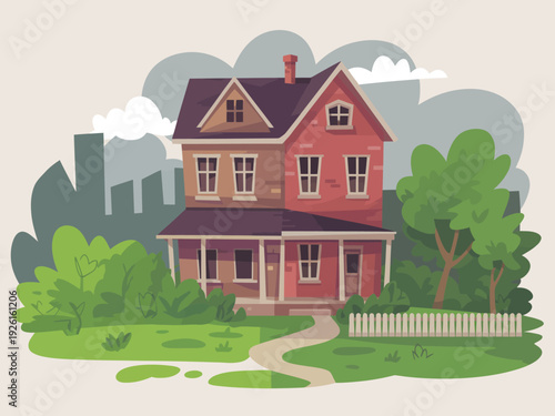 A cozy red house with a white picket fence in a suburban neighborhood.