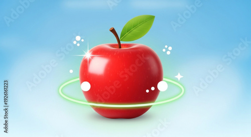 Red Apple with Green Leaf Floating in Blue Background with Neon Ring
