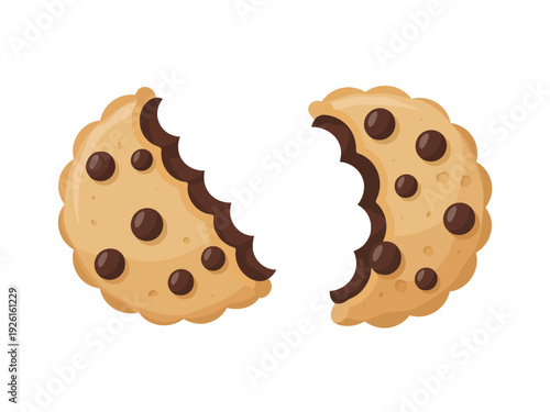 A broken chocolate chip cookie separated into two halves on a white background.