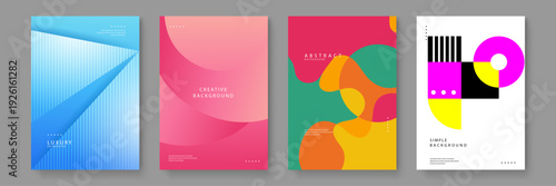 A collection of four professional abstract posters featuring blue luxury lines pink creative curves colorful blobs and simple bauhaus shapes