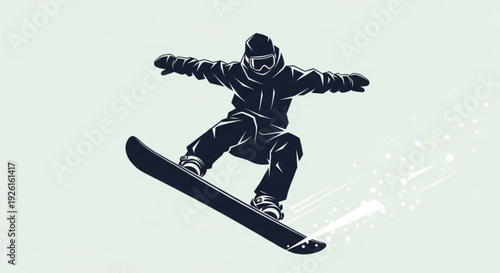 Snowboarder in Action on Snowy Slope, Silhouette Illustration