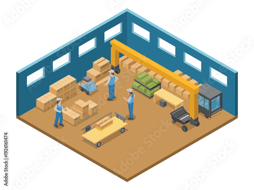 Warehouse workers managing inventory with machinery and storage.