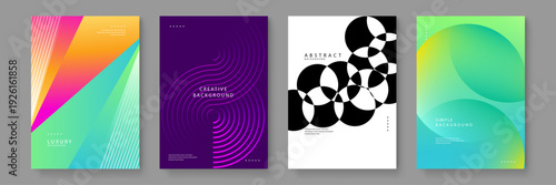 Collection of four creative abstract backgrounds featuring colorful gradients geometric circles and purple wavy lines for modern corporate identity or digital marketing materials