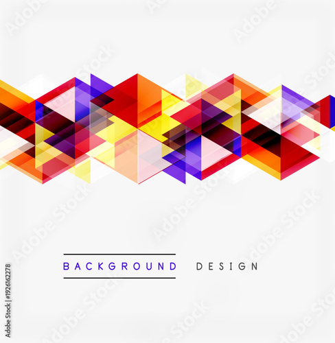 Abstract geometric shapes overlap, creating vibrant colorful pattern. Background features repeating triangular elements. Modern design aesthetic.