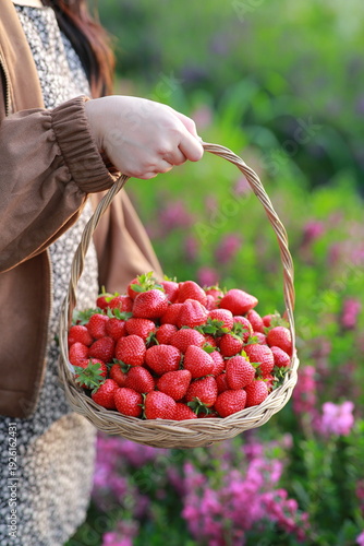 A bunch of ripe red strawberries, decorated with small white and purple daisies, held gently in both hands over a green strawberry patch.