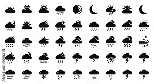 Collection of diverse weather forecast icons representing various atmospheric conditions in a vector graphic design
