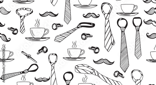 Hand drawn hipster elements in monochrome minimalist style with coffee cups and accessories for mens fashion Father's Day