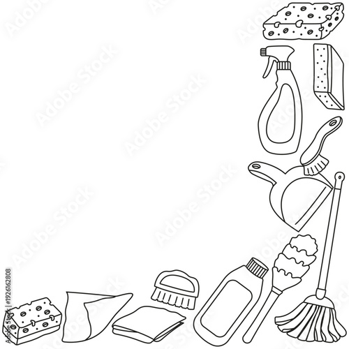 Vector corner frame with items for cleaning and tidying the house and place for text and information. Card with objects for sanitation in doodle style.