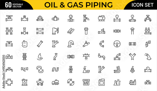 Oil and Gas Piping Components Line Icon Set – Refinery Valves, Pipeline Parts and Engineering Fittings Outline Vector Icons, Editable Stroke, Pixel Perfect