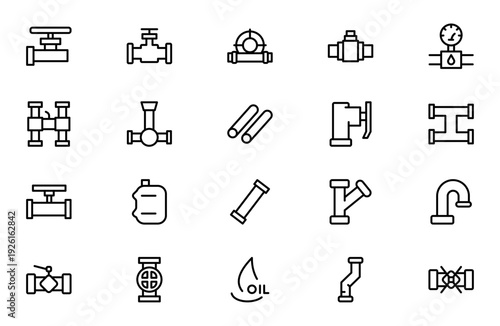 Oil and Gas Piping Components Line Icon Set – Refinery Valves, Pipeline Parts and Engineering Fittings Outline Vector Icons, Editable Stroke, Pixel Perfect