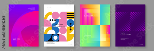 A collection of four professional background designs featuring geometric shapes vibrant gradients and minimalist Bauhaus aesthetics for corporate identity or digital marketing