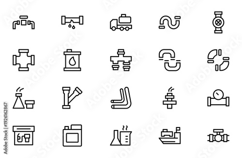 Oil and Gas Piping Components Line Icon Set – Refinery Valves, Pipeline Parts and Engineering Fittings Outline Vector Icons, Editable Stroke, Pixel Perfect