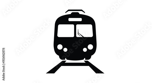 Simple front-view vector graphic illustration of a modern train on railway tracks symbol