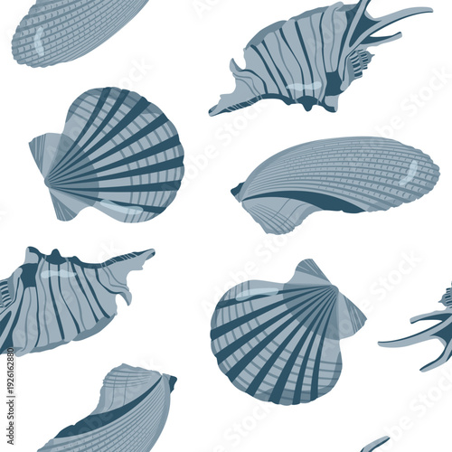 Vector seamless pattern with various seashells. Perfect for textile, wrapping paper and web design.