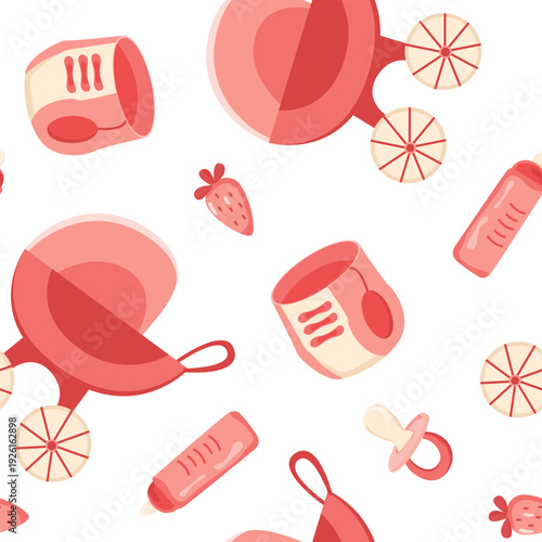 Seamless vector pattern with gender reveal party props. Illustrations featuring baby strollers and colored diapers for girls