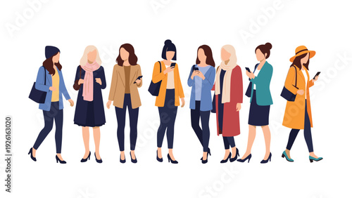 Diverse group of modern young women standing together, using their smartphones, representing social networking and digital communication.