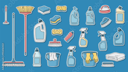Collection of cleaning supplies and tools, including brooms, sponges, spray bottles, and buckets, for effective household tidiness.
