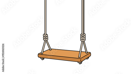 Simple wooden swing with ropes and fasteners, hanging ready for play in a park or backyard setting, isolated on white.