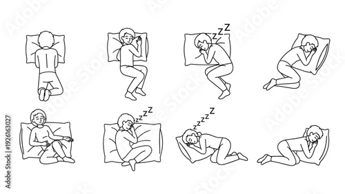 Various sleep positions illustrated in black and white line art, showcasing different ways people rest and find comfort in bed.