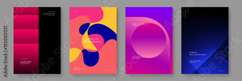 Set of four diverse posters featuring liquid shapes geometric lines and vibrant gradients for versatile graphic design projects and branding