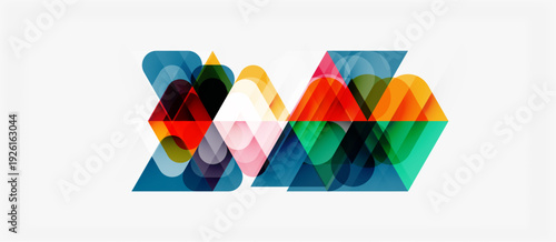 Abstract geometric shapes overlap, creating colorful patterns. Bright hues blend with translucent layers, forming dynamic composition.