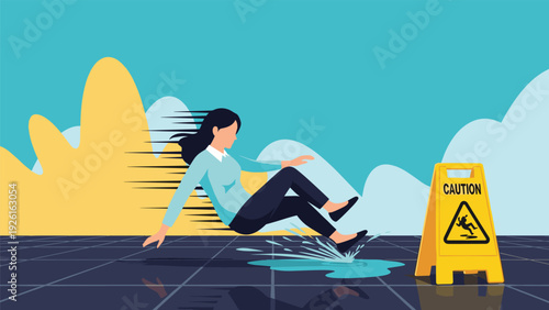 Woman falling on a wet floor next to a yellow caution sign, illustrating an accident or slippery hazard, in a flat vector style.