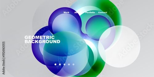 Abstract geometric shapes overlap, creating vibrant color gradients. Text labels indicate portfolio, work, contact sections. Modern design.