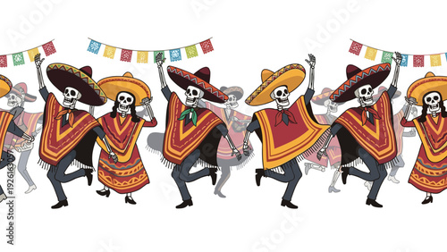 Festive seamless border with skeletons in ponchos and sombreros dancing, celebrating Day of the Dead with colorful banners.