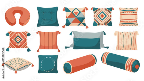 Assortment of decorative pillows and cushions in various shapes, sizes, and patterns, for home decor and comfort.