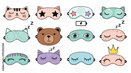 Set of cute and funny sleep masks in various animal and playful designs, perfect for comfortable rest and travel.