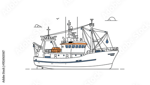 Commercial fishing trawler boat with gear and equipment, ready for sea, in a detailed line art illustration style.