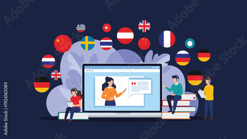 Diverse students learning various foreign languages online with a female teacher on a laptop, surrounded by international flags.