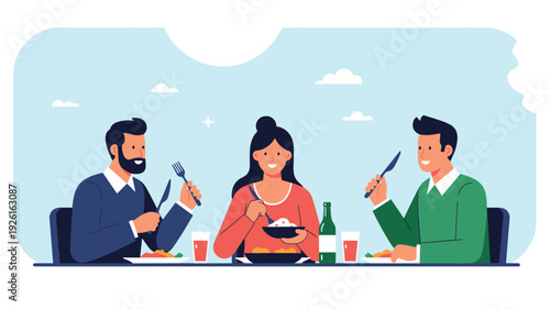 Three friends or colleagues enjoying a pleasant dinner together, sharing food and drinks at a table, in a flat vector illustration.