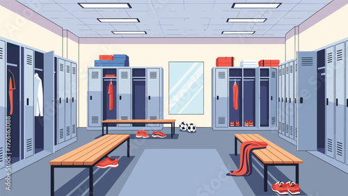 Empty sports locker room with open and closed lockers, benches, and sports equipment, ready for athletes before or after games.