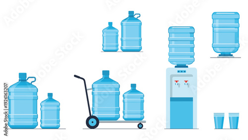 Collection of large plastic water bottles, dispensers, and small cups, illustrating hydration and water delivery services.