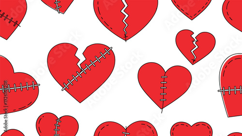 Seamless pattern of stitched broken red hearts, symbolizing emotional pain, healing, and overcoming heartbreak.