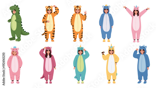 Diverse children and adults wearing various animal and creature kigurumi pajamas, celebrating fun, costumes, and playful events.