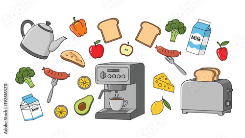 Assortment of breakfast food and drink items including coffee, toast, fruit, vegetables, and sausages, in a flat vector style.