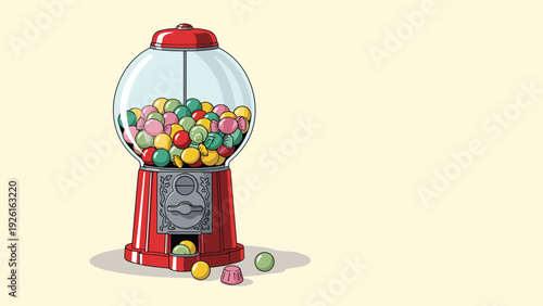 Vintage red gumball machine filled with colorful chewing gum balls, representing childhood, candy, and retro snacks.
