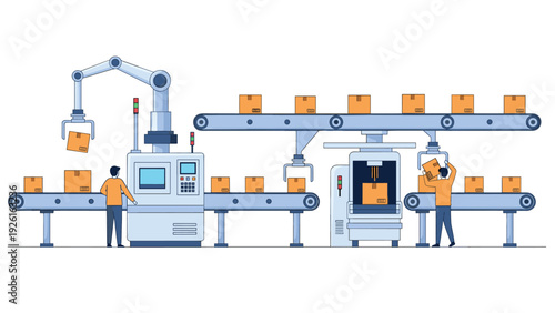 Automated factory production line with robots and workers sorting and packaging cardboard boxes, depicting modern industrial process.