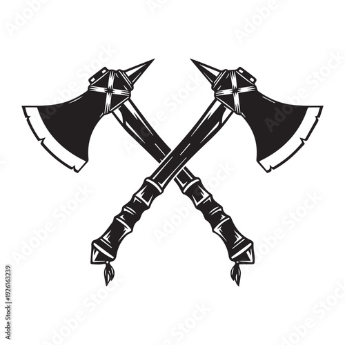 Two tomahawks or axes crossed icon Silhouette vector black print design on a white background