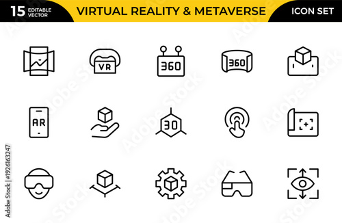 Advanced AR VR Line Icon Collection. Augmented Reality, Virtual Reality and Metaverse Technology Outline Vector Icons