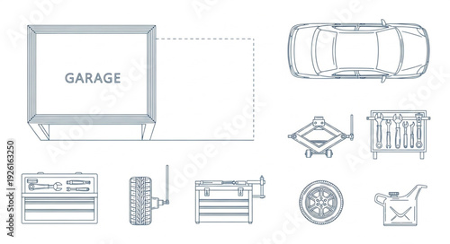 Garage and Car Maintenance Tools - A Detailed Technical Illustration.