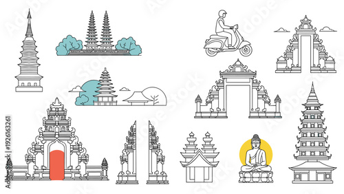 Collection of traditional Balinese temples, pagodas, and statues, illustrating Indonesian culture, architecture, and historical landmarks.