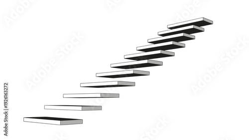 Abstract staircase with floating steps ascending upwards, representing progress, growth, career path, and metaphorical journey.