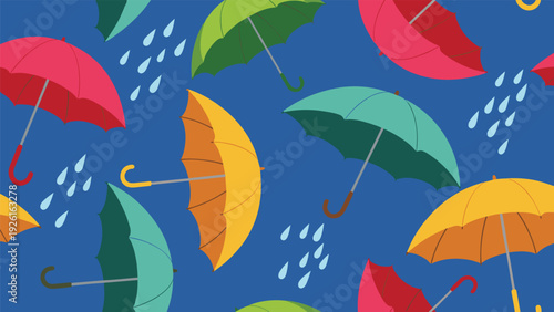 Seamless pattern of colorful umbrellas and raindrops on a blue background, symbolizing rainy weather and protection from elements.
