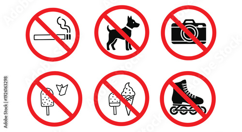 Collection of six vector graphic prohibition signs indicating rules for public areas illustration